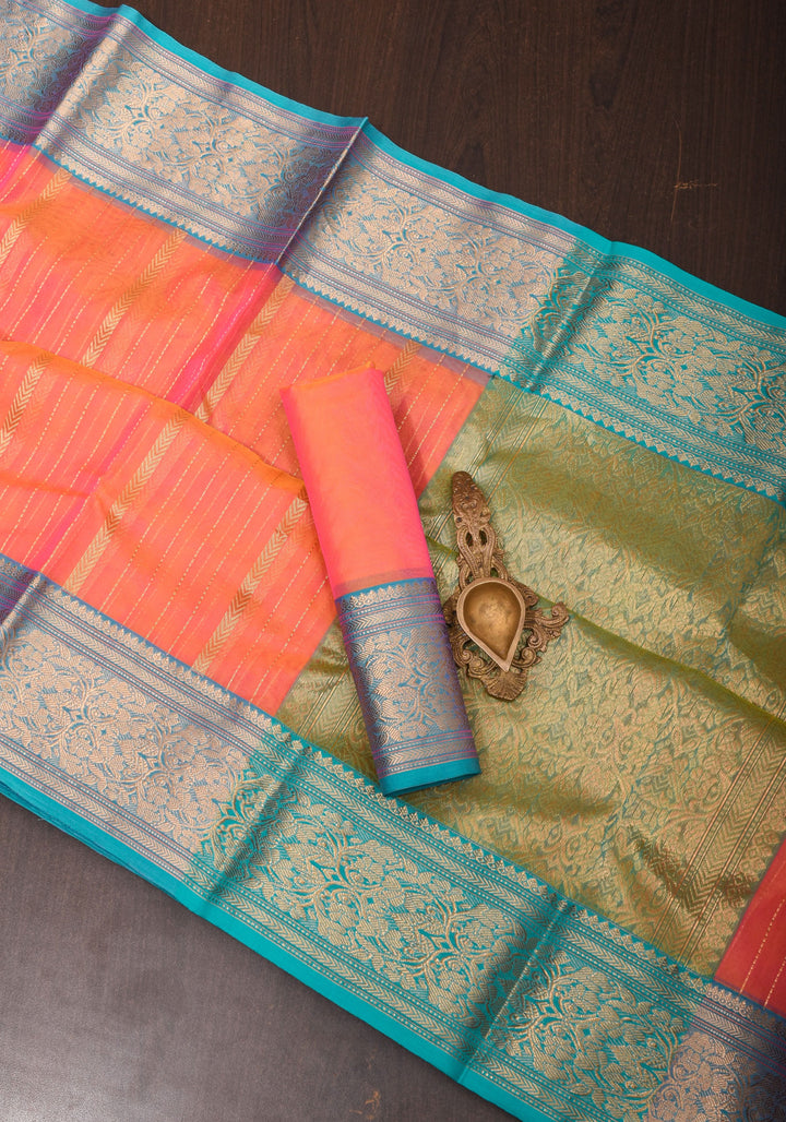 Stunning Striped Chanderi Silk Saree in Orange Dual Tone with Contrast Turquoise Border and Zari