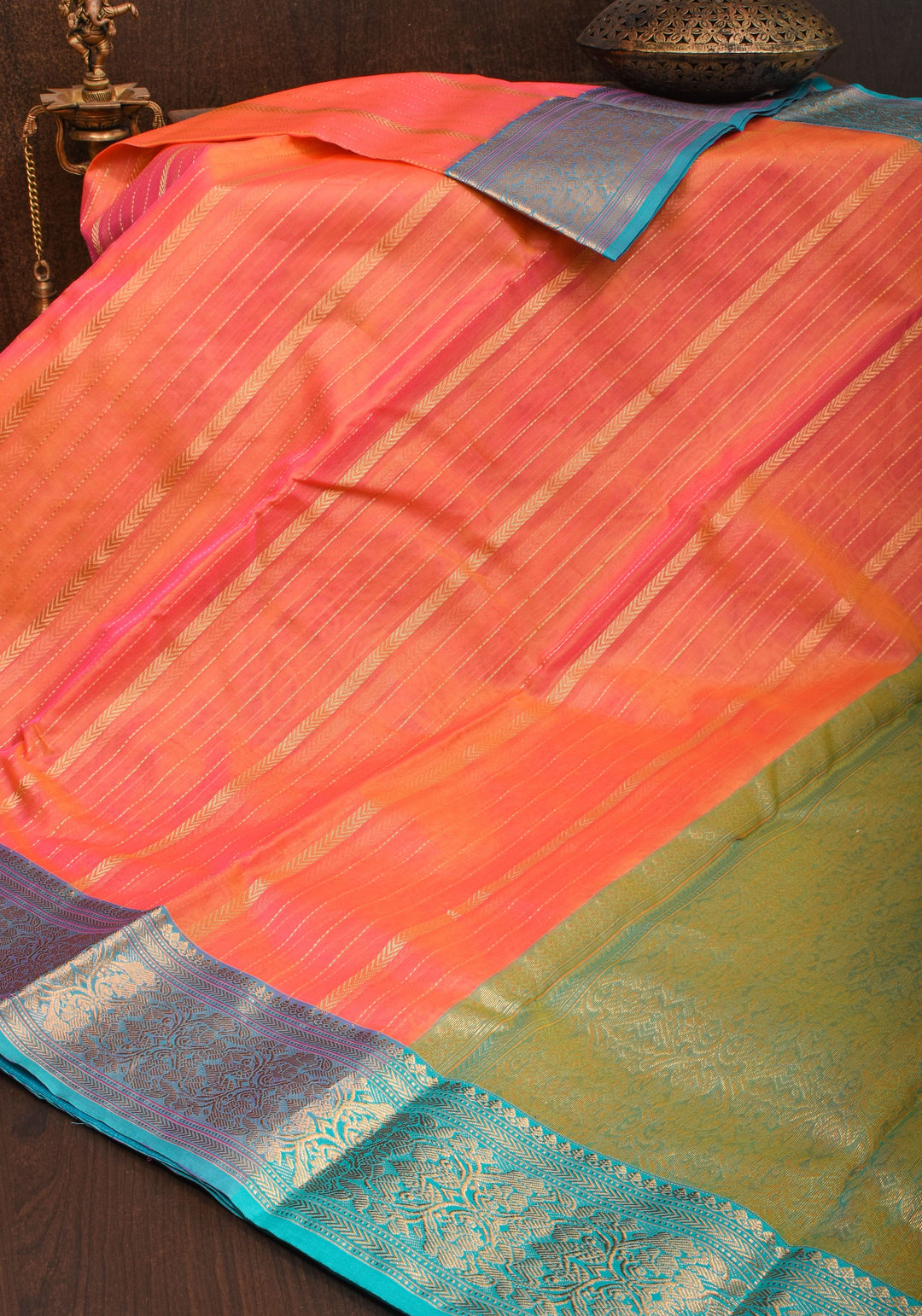 Stunning Striped Chanderi Silk Saree in Orange Dual Tone with Contrast Turquoise Border and Zari