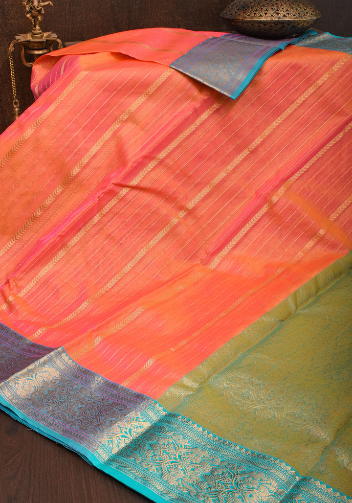 Stunning Striped Chanderi Silk Saree in Orange Dual Tone with Contrast Turquoise Border and Zari