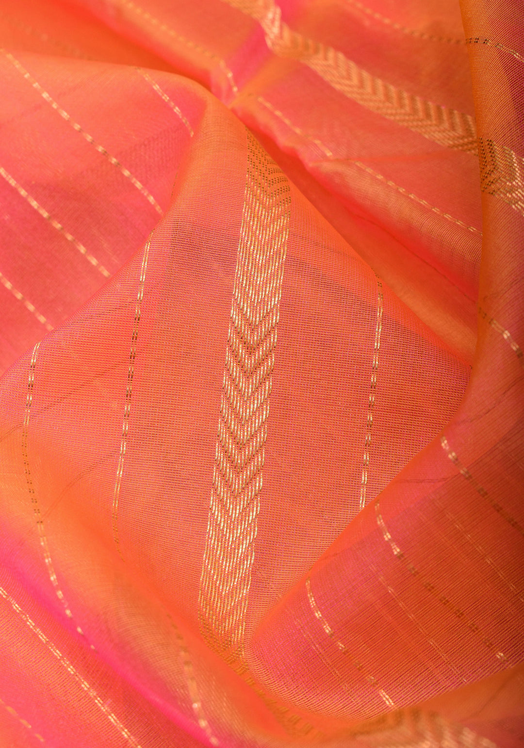 Stunning Striped Chanderi Silk Saree in Orange Dual Tone with Contrast Turquoise Border and Zari