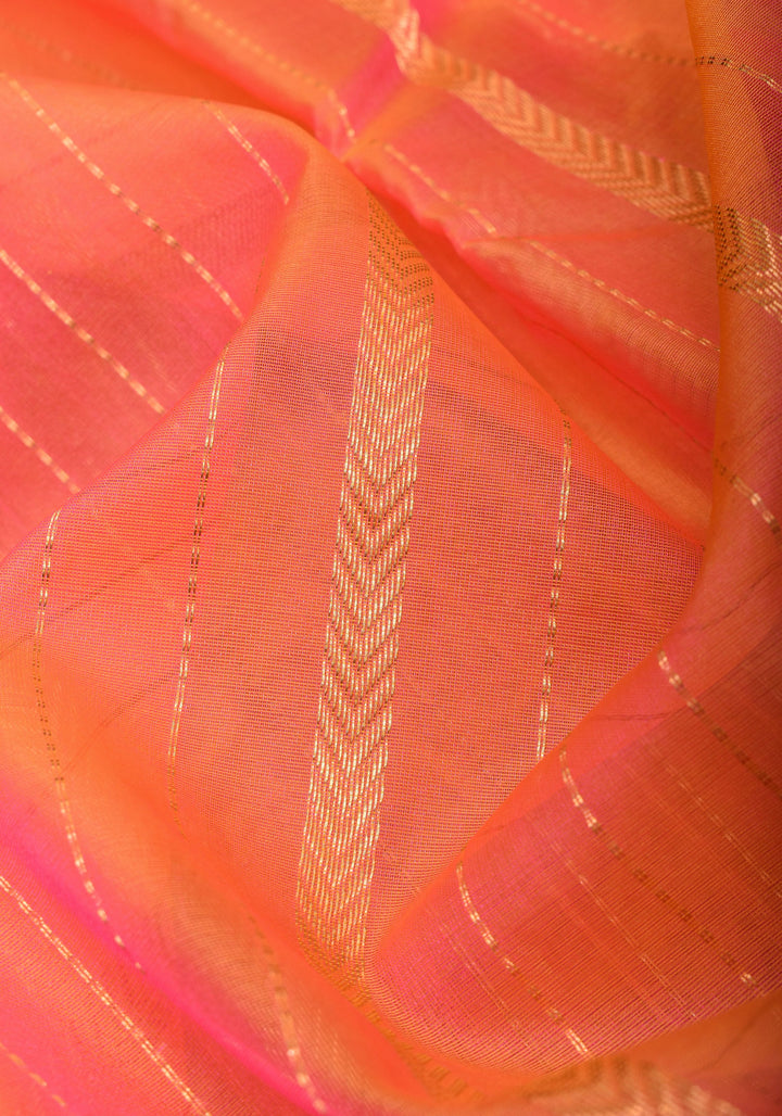 Stunning Striped Chanderi Silk Saree in Orange Dual Tone with Contrast Turquoise Border and Zari | SHOBITAM
