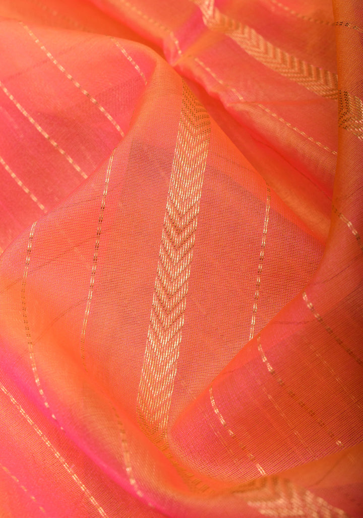 Stunning Striped Chanderi Silk Saree in Orange Dual Tone with Contrast Turquoise Border and Zari