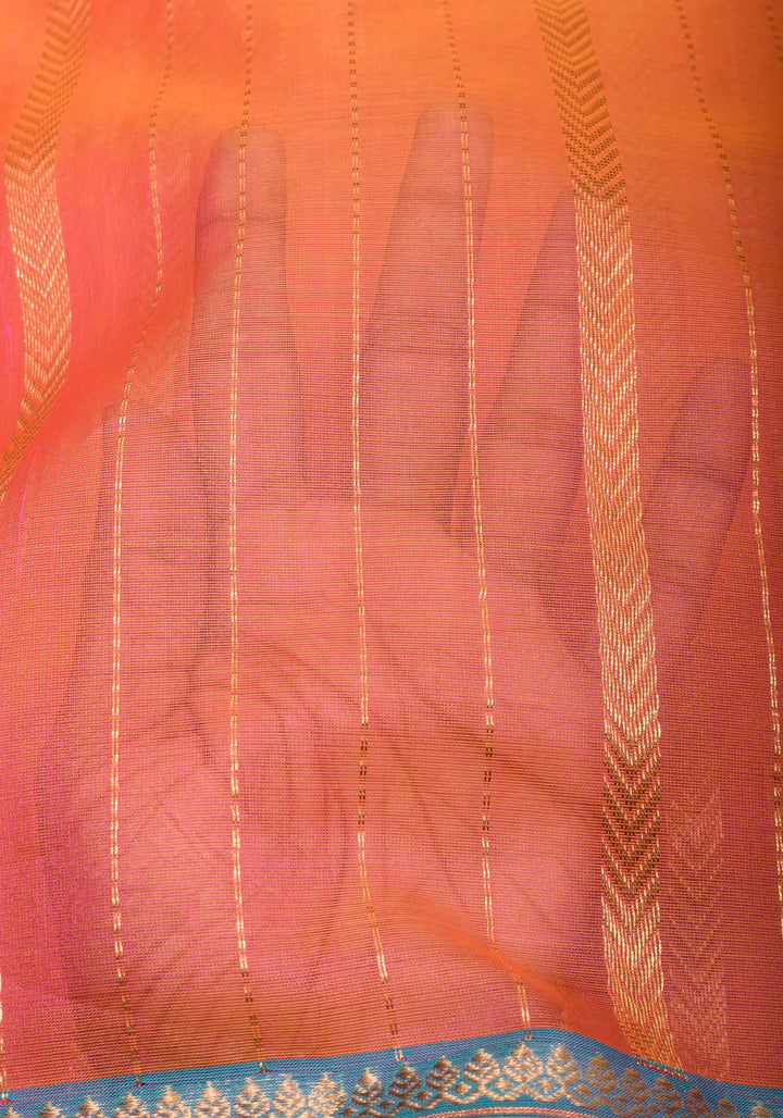 Stunning Striped Chanderi Silk Saree in Orange Dual Tone with Contrast Turquoise Border and Zari