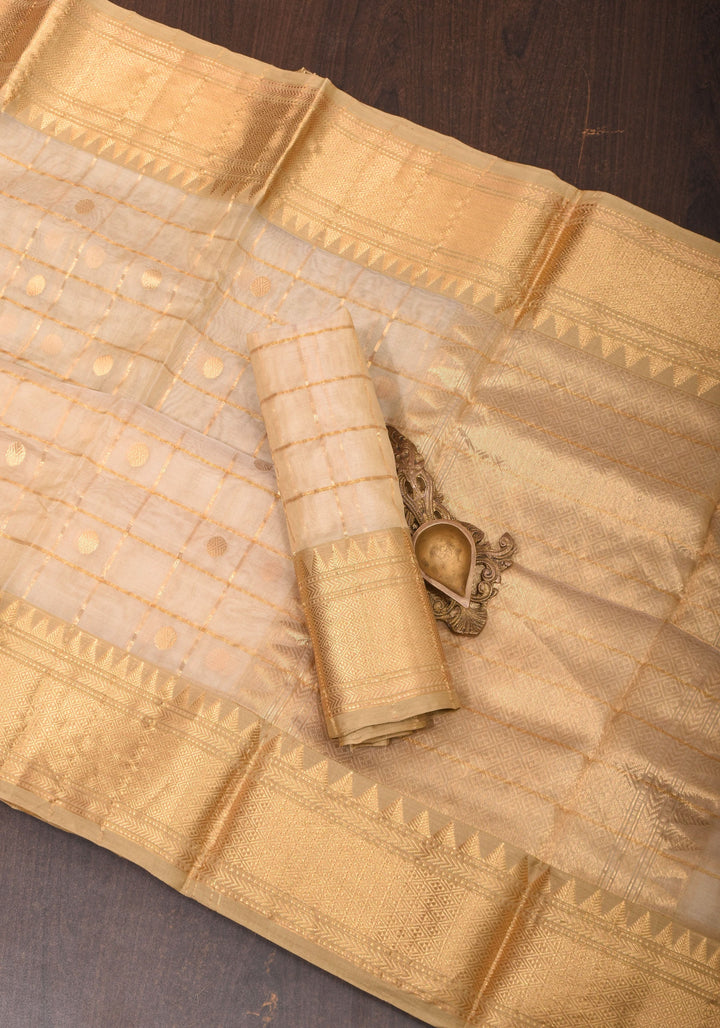 Ivory and Gold Chanderi Silk Saree with Zari checks and Buttas