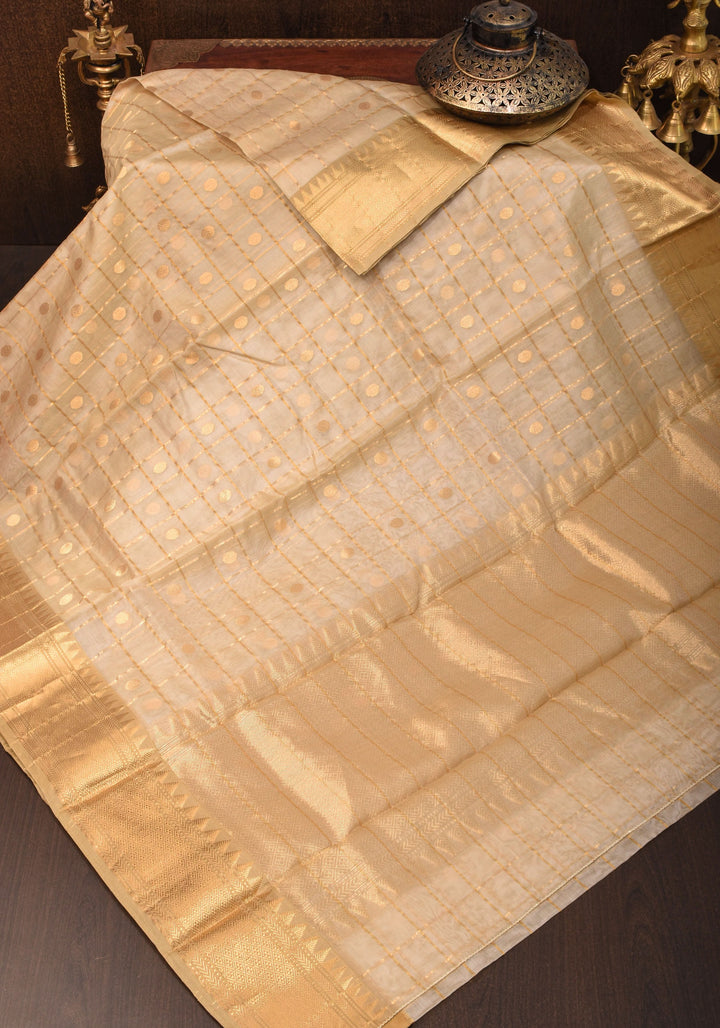 Ivory and Gold Chanderi Silk Saree with Zari checks and Buttas