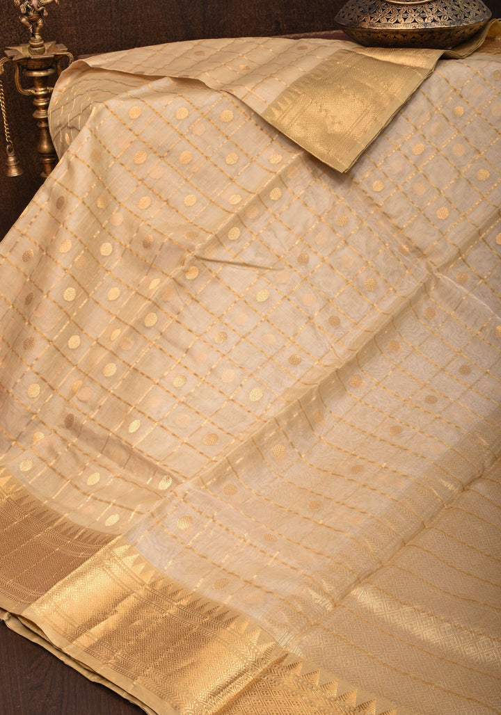 Ivory and Gold Chanderi Silk Saree with Zari checks and Buttas
