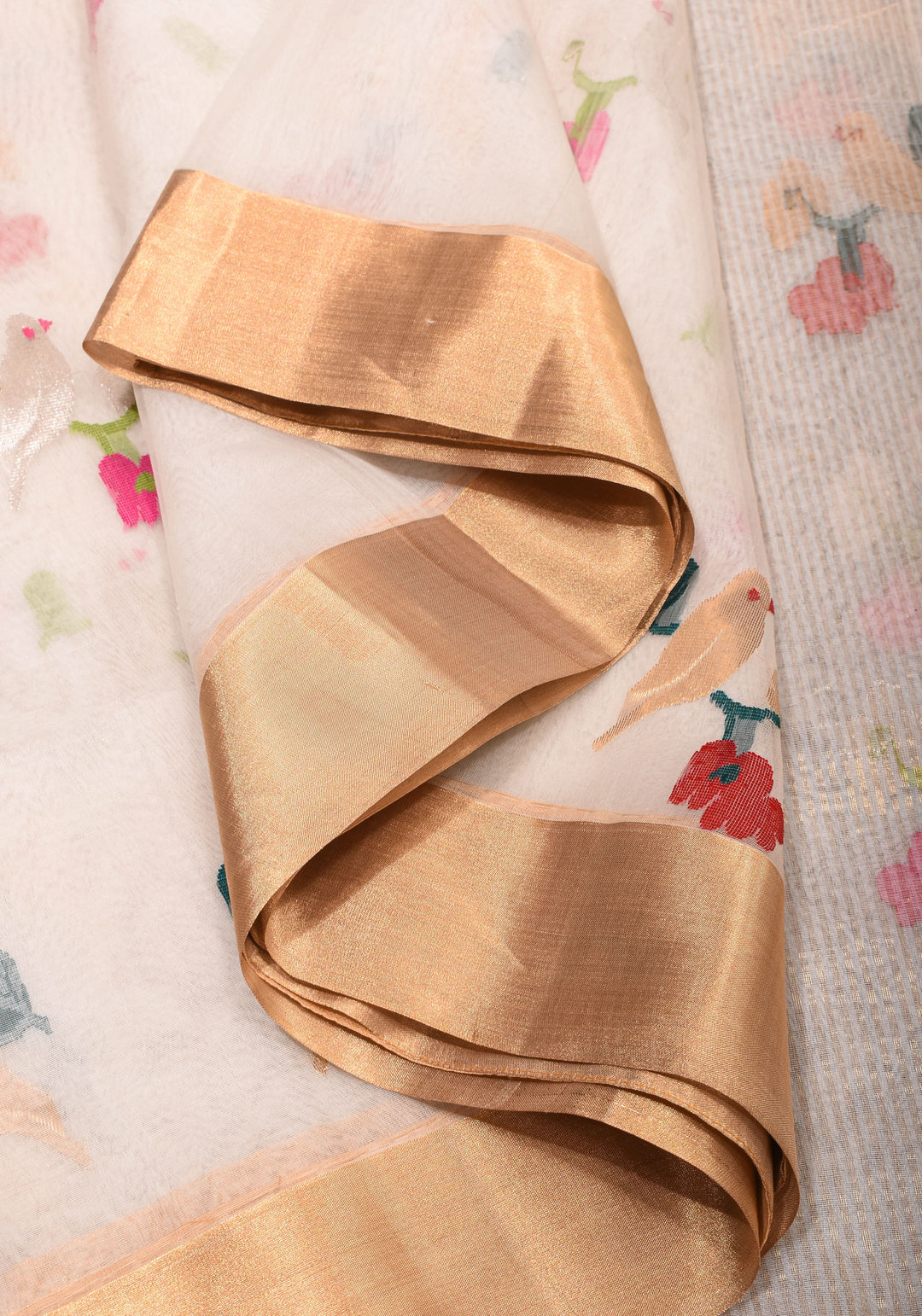 Elegant Off White Chanderi Saree with  Meenakari Sparrow perched on branch  Motifs with Zari Border