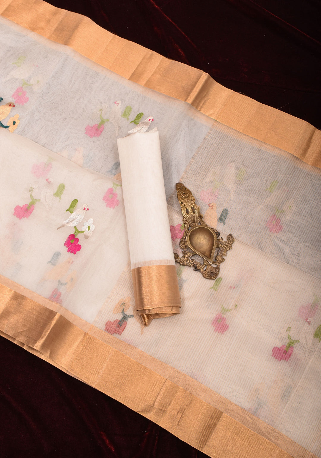 Elegant Off White Chanderi Saree with  Meenakari Sparrow perched on branch  Motifs with Zari Border