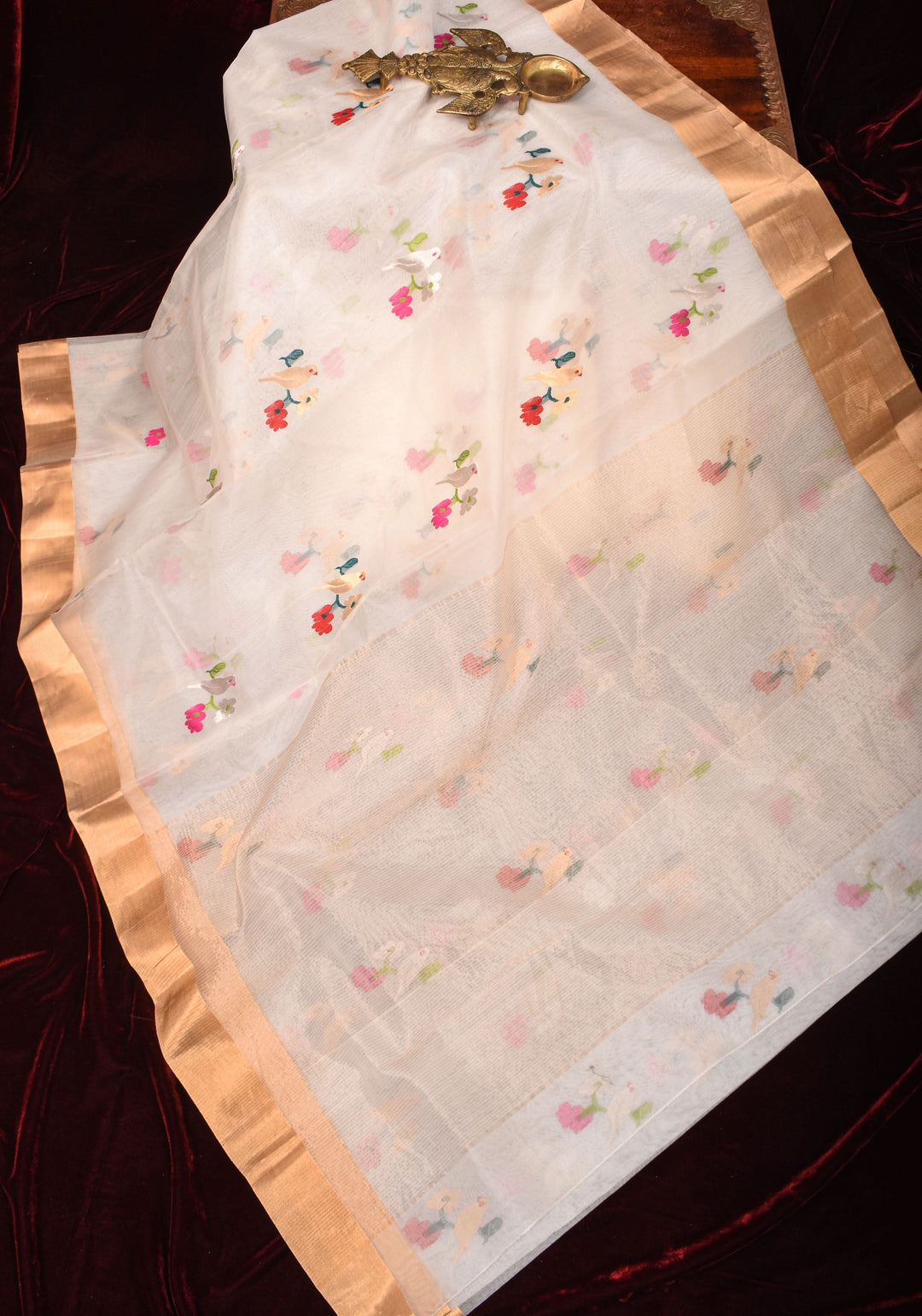 Elegant Off White Chanderi Saree with  Meenakari Sparrow perched on branch  Motifs with Zari Border
