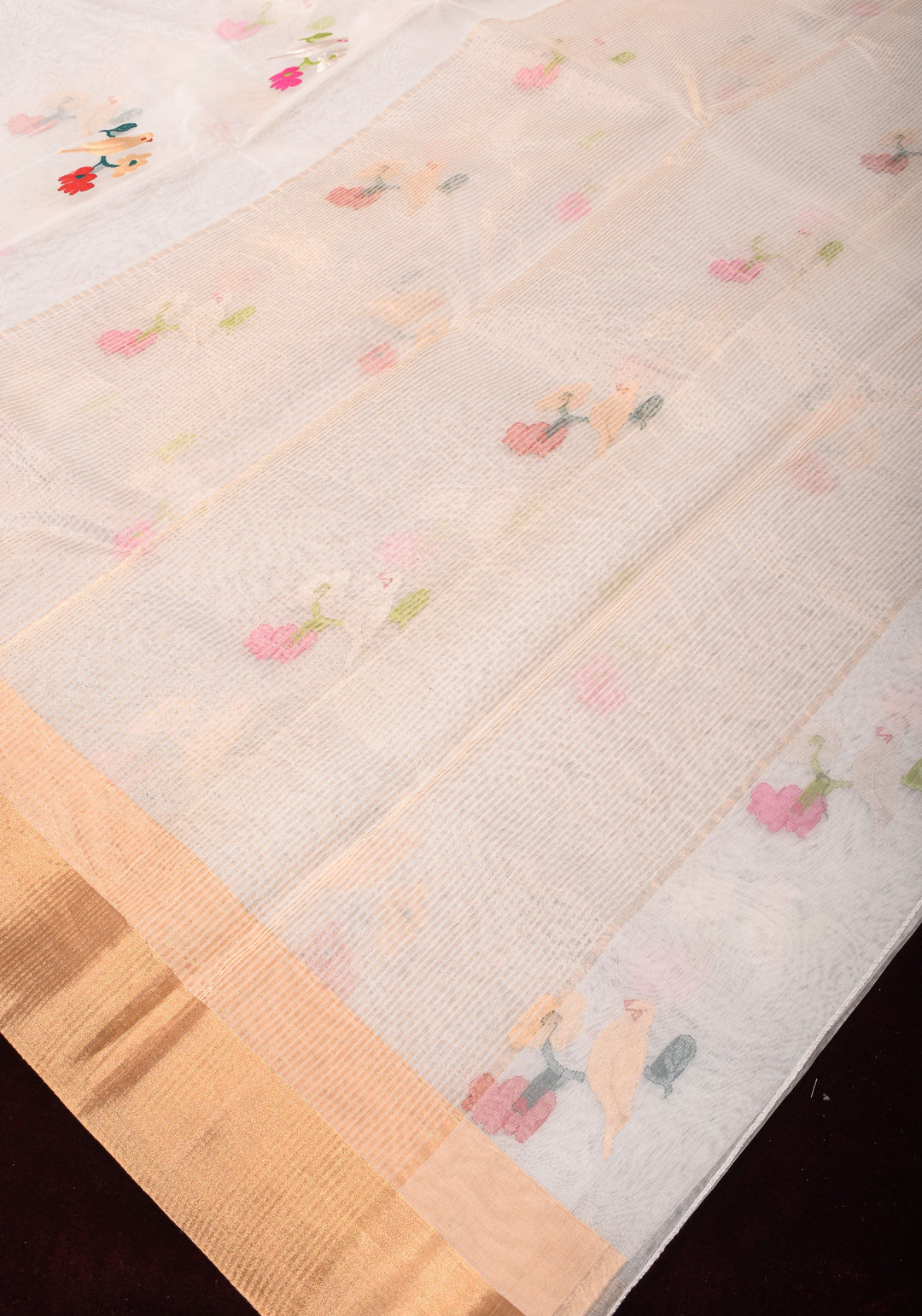 Elegant Off White Chanderi Saree with  Meenakari Sparrow perched on branch  Motifs with Zari Border