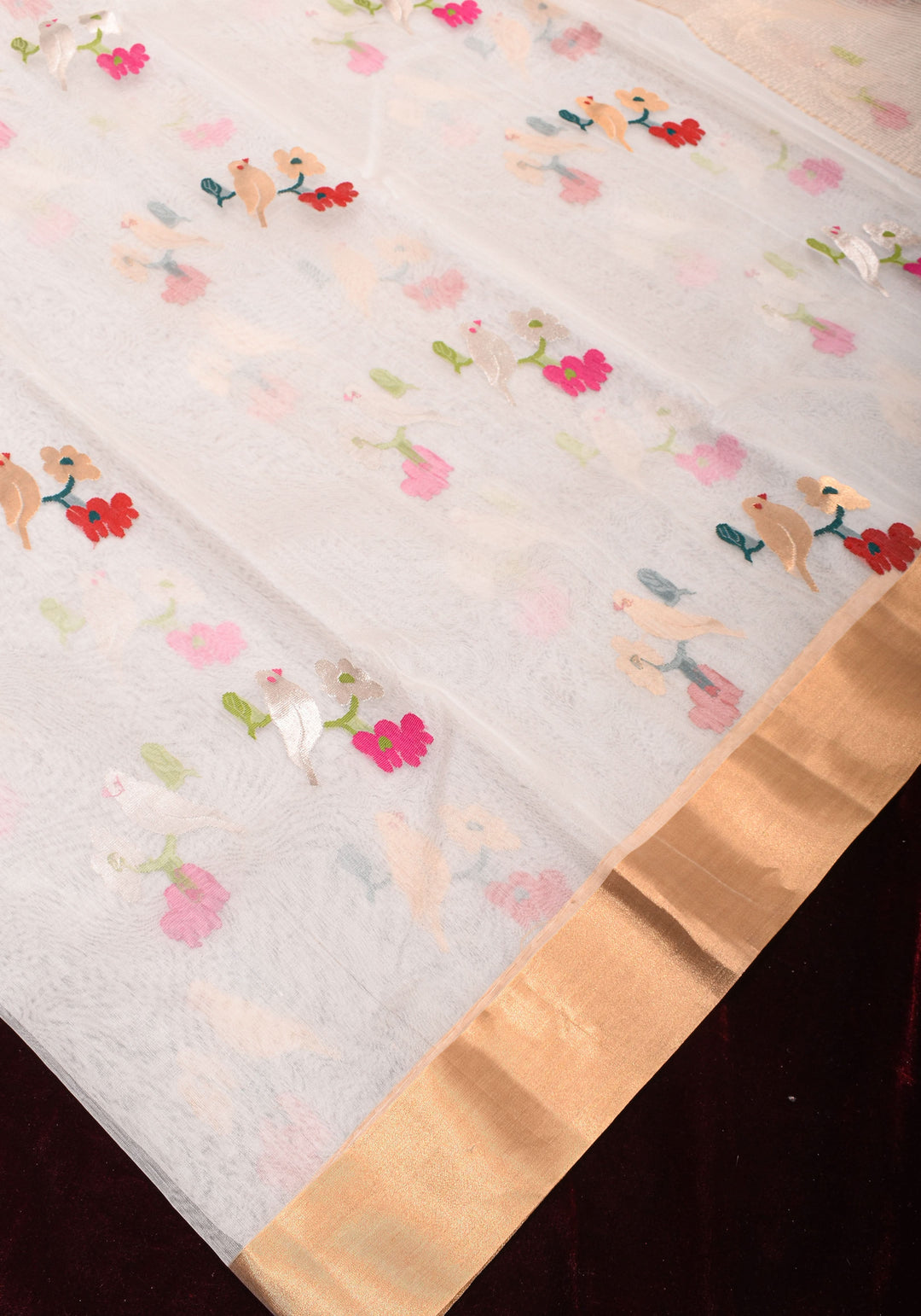 Elegant Off White Chanderi Saree with  Meenakari Sparrow perched on branch  Motifs with Zari Border
