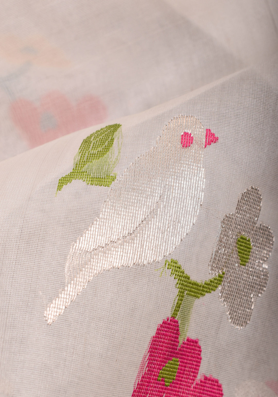 Elegant Off White Chanderi Saree with  Meenakari Sparrow perched on branch  Motifs with Zari Border