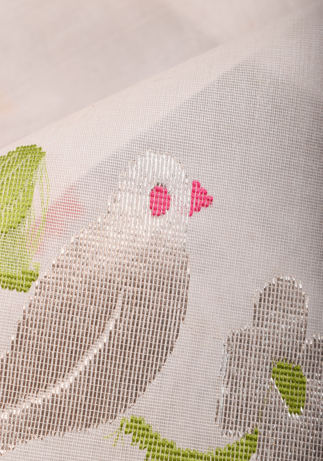 Elegant Off White Chanderi Saree with  Meenakari Sparrow perched on branch  Motifs with Zari Border