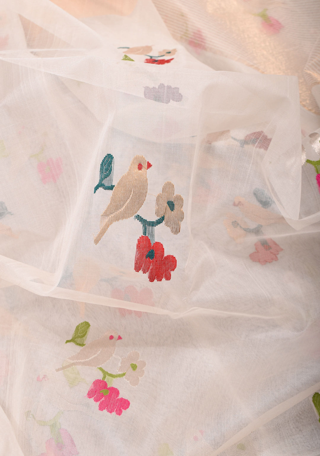 Elegant Off White Chanderi Saree with  Meenakari Sparrow perched on branch  Motifs with Zari Border