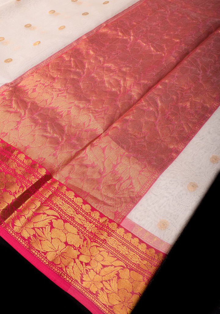 Chanderi Silk Saree in Off white with Zari motifs and Contrast Zari border