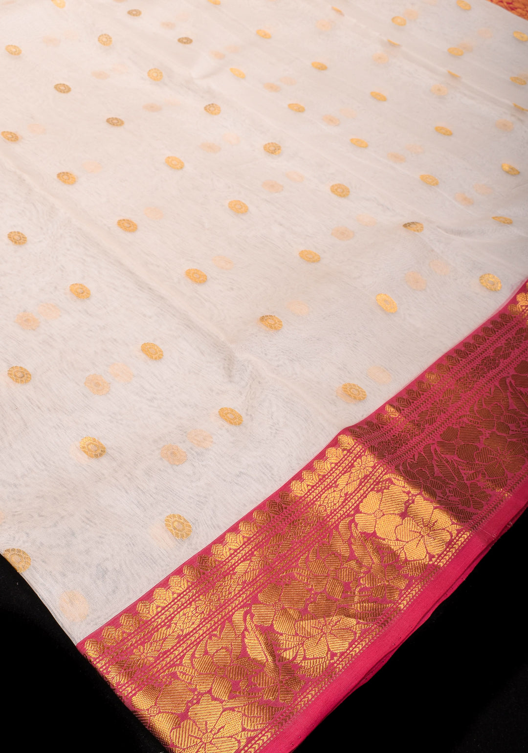 Chanderi Silk Saree in Off white with Zari motifs and Contrast Zari border