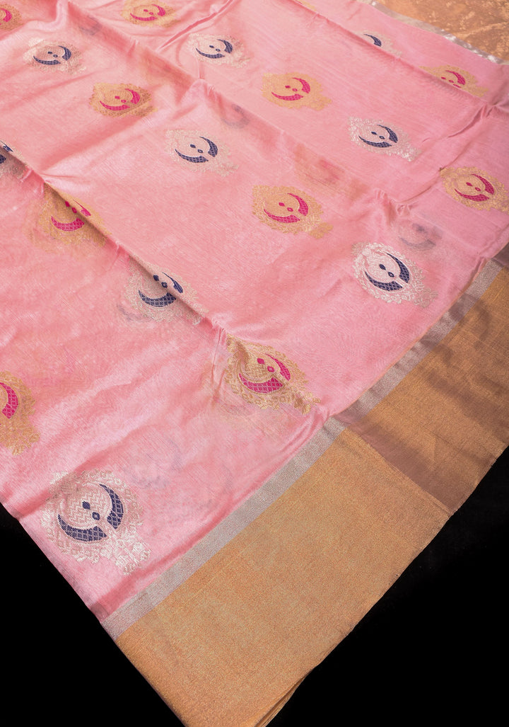 Elegant Rose Pink Chanderi Saree with Meenakari Chand Damask Motifs and  Zari Border