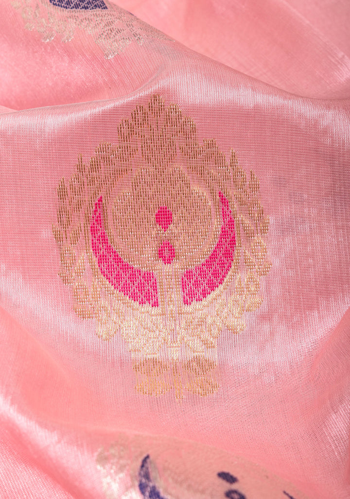 Elegant Rose Pink Chanderi Saree with Meenakari Chand Damask Motifs and  Zari Border