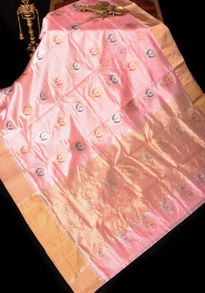 Elegant Rose Pink Chanderi Saree with Meenakari Chand Damask Motifs and  Zari Border