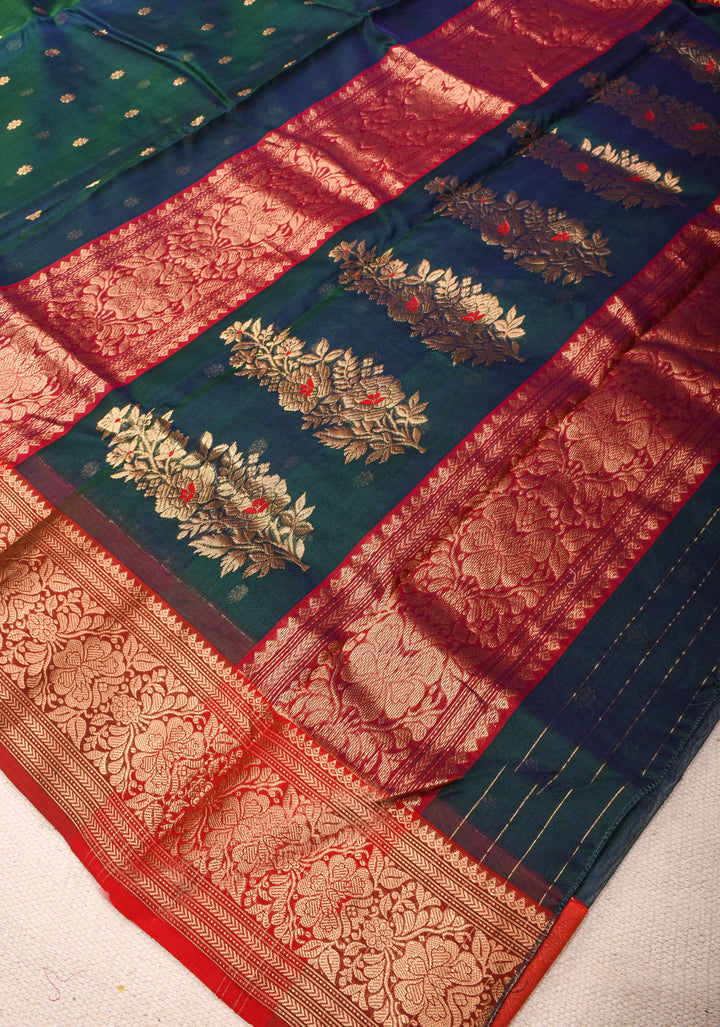 Peacock Green - Blue Chanderi Silk Saree with Zari Floral Buttas