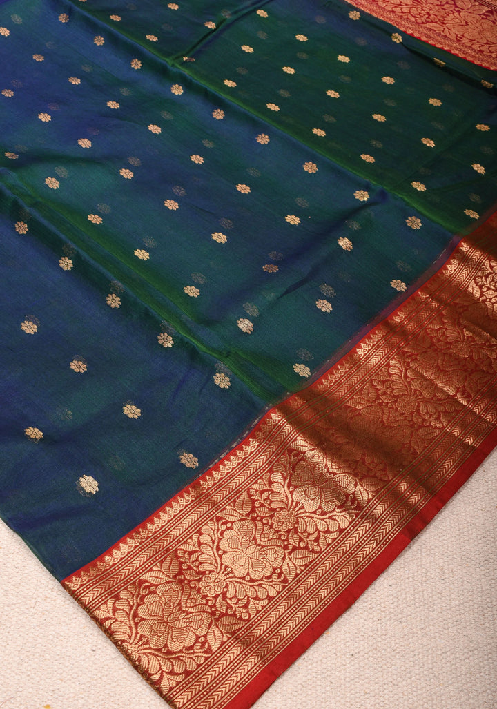 Peacock Green - Blue Chanderi Silk Saree with Zari Floral Buttas