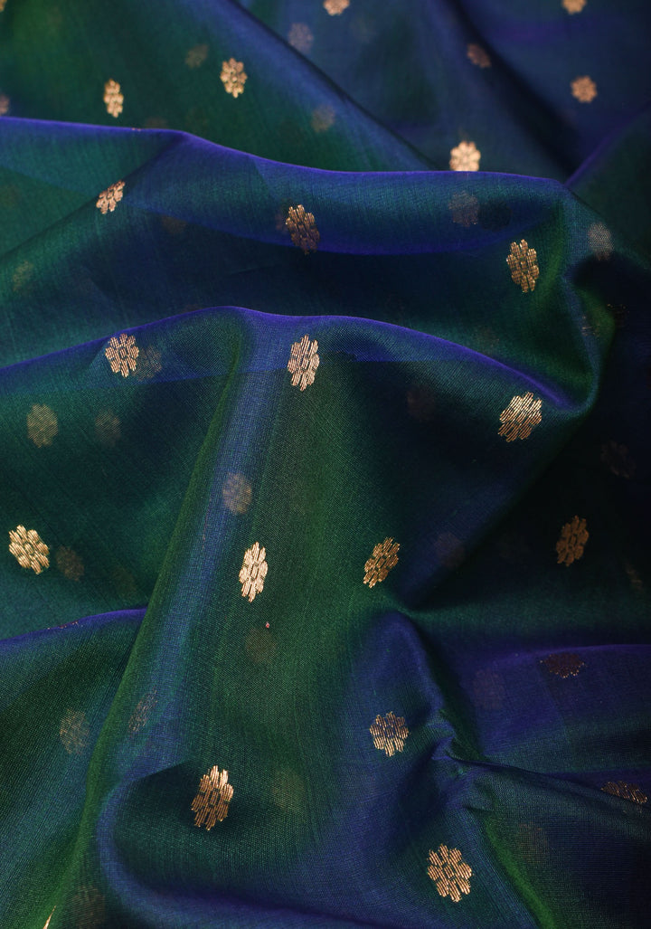 Peacock Green - Blue Chanderi Silk Saree with Zari Floral Buttas