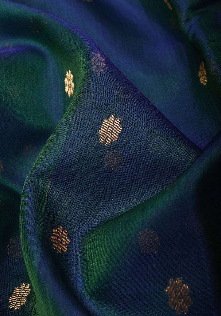 Peacock Green - Blue Chanderi Silk Saree with Zari Floral Buttas