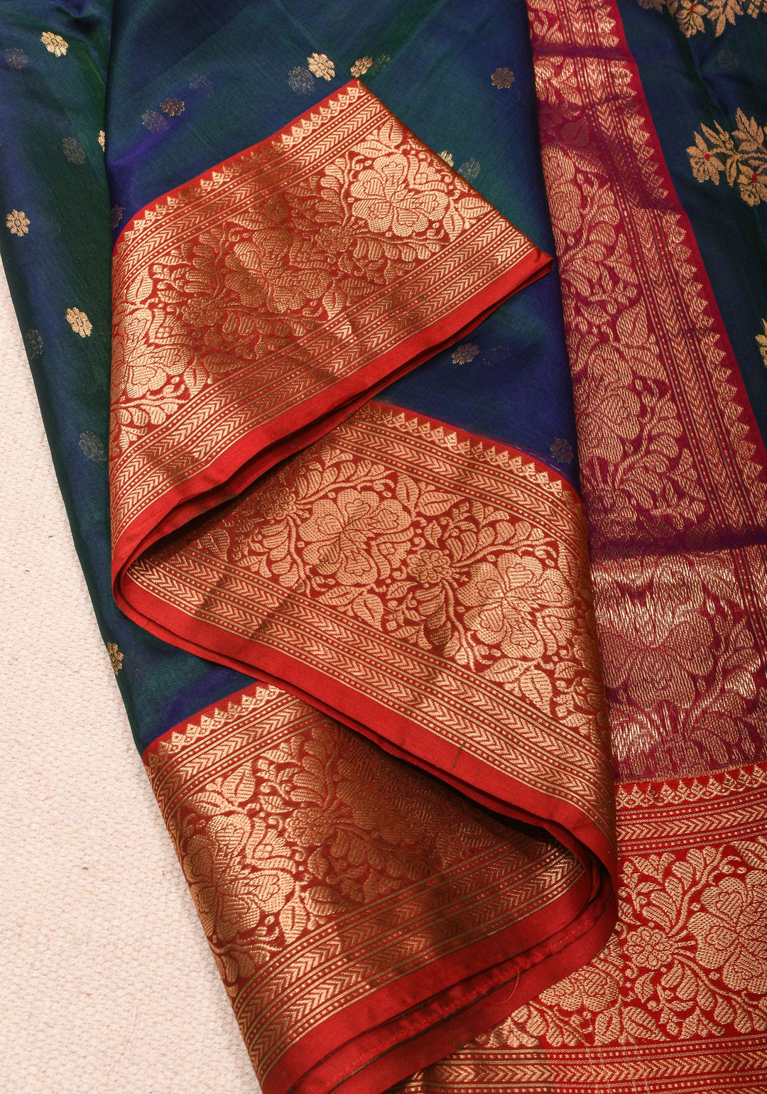 Peacock Green - Blue Chanderi Silk Saree with Zari Floral Buttas