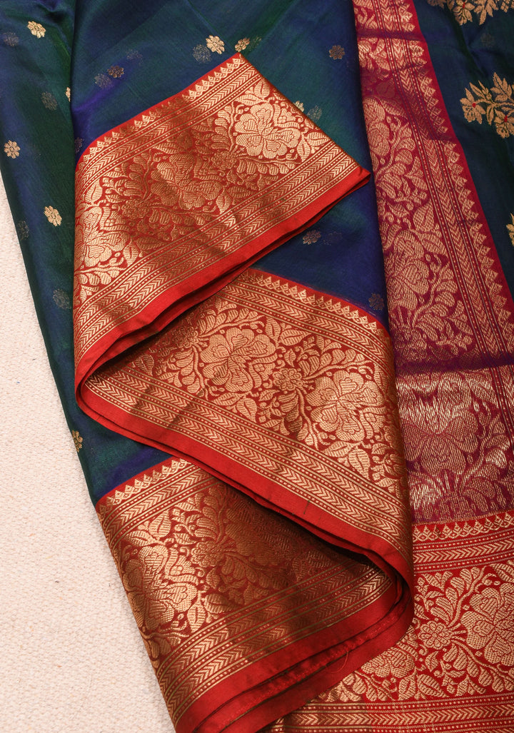 Peacock Green - Blue Chanderi Silk Saree with Zari Floral Buttas