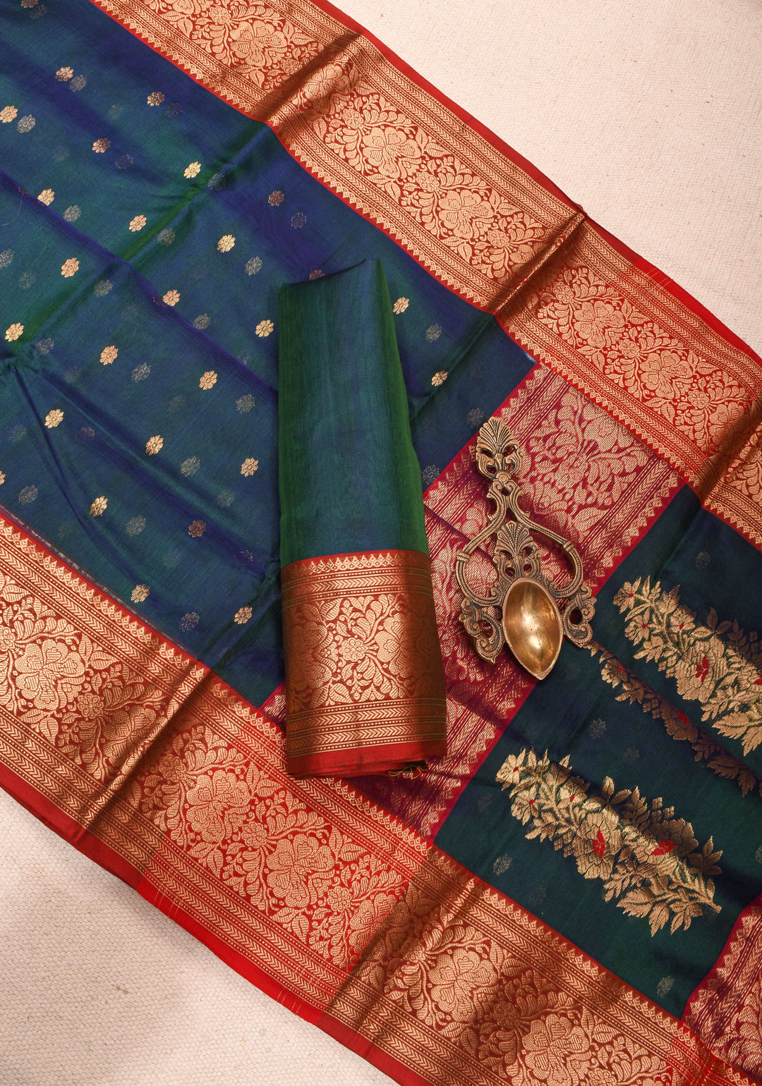 Peacock Green - Blue Chanderi Silk Saree with Zari Floral Buttas