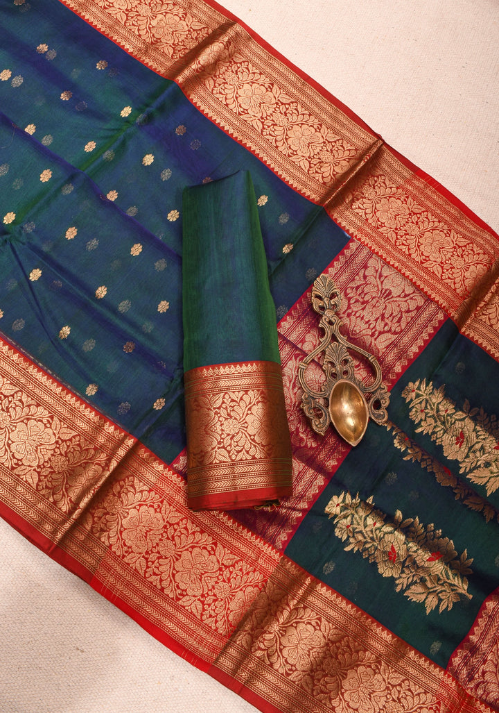 Peacock Green - Blue Chanderi Silk Saree with Zari Floral Buttas