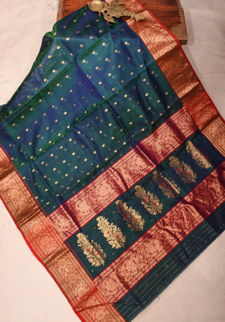 Peacock Green - Blue Chanderi Silk Saree with Zari Floral Buttas