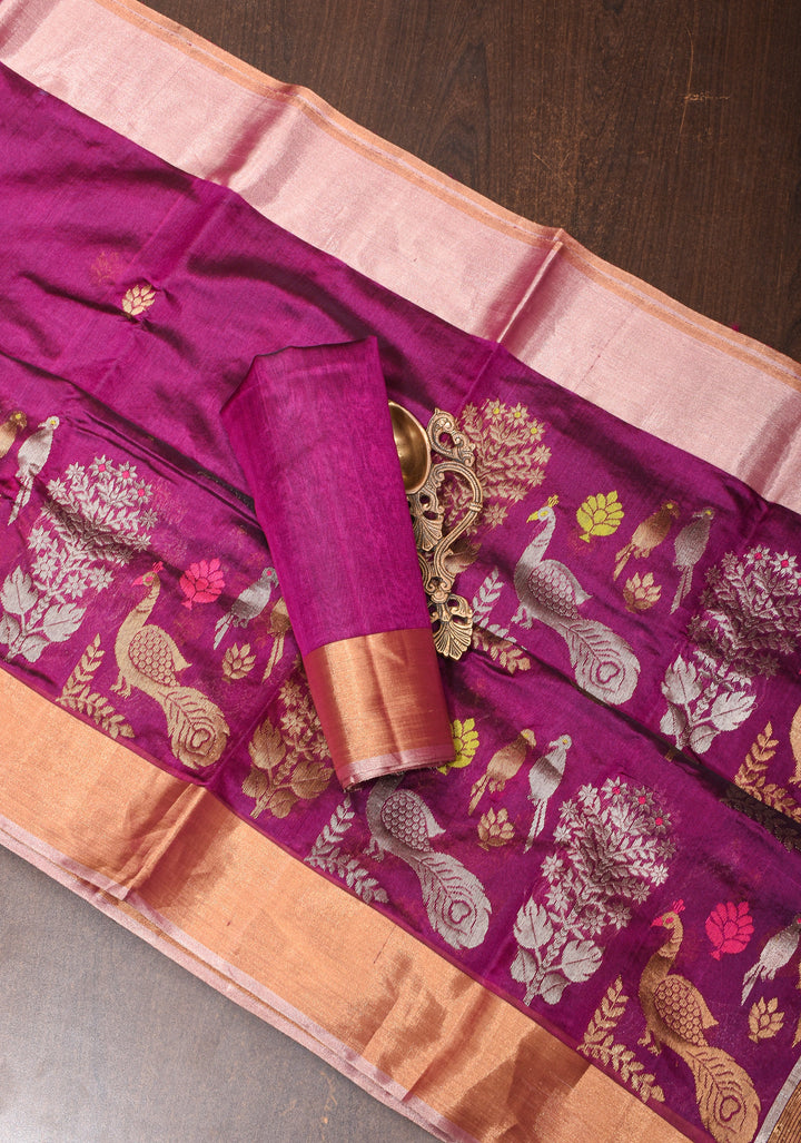 Plum Chanderi Silk Saree with Peacock and Floral Motifs Meenakari weave and Elegant Zari Border
