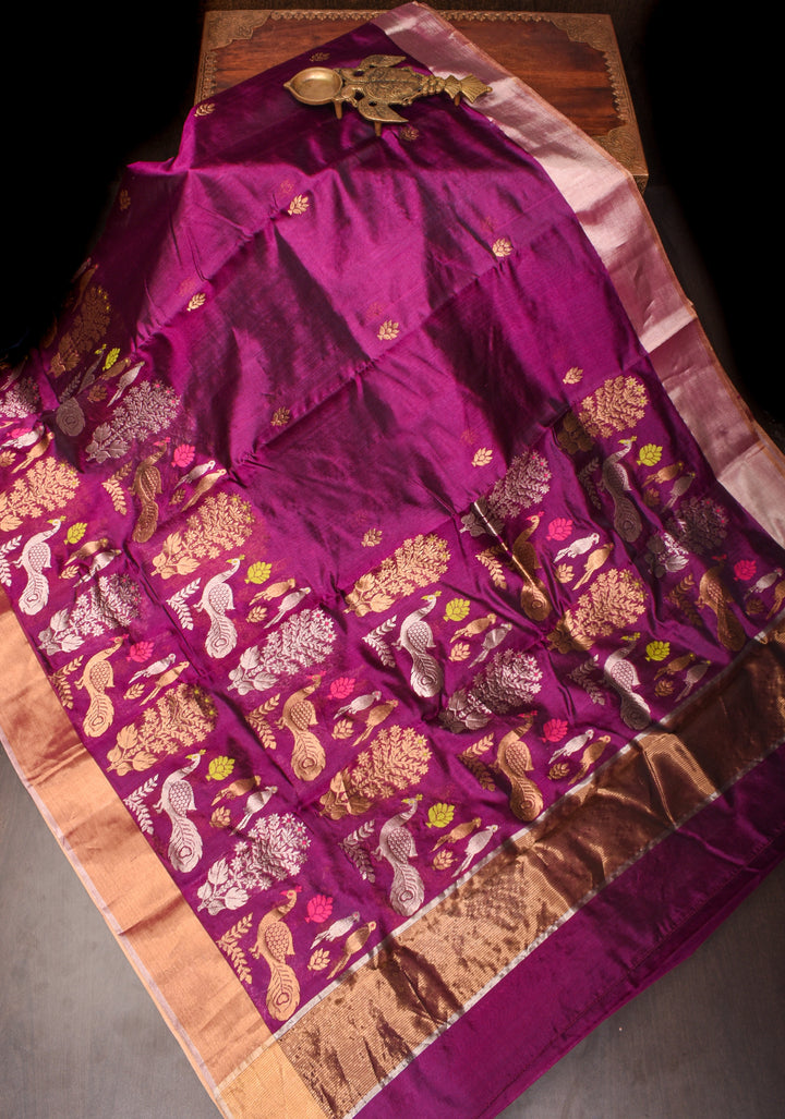 Plum Chanderi Silk Saree with Peacock and Floral Motifs Meenakari weave and Elegant Zari Border