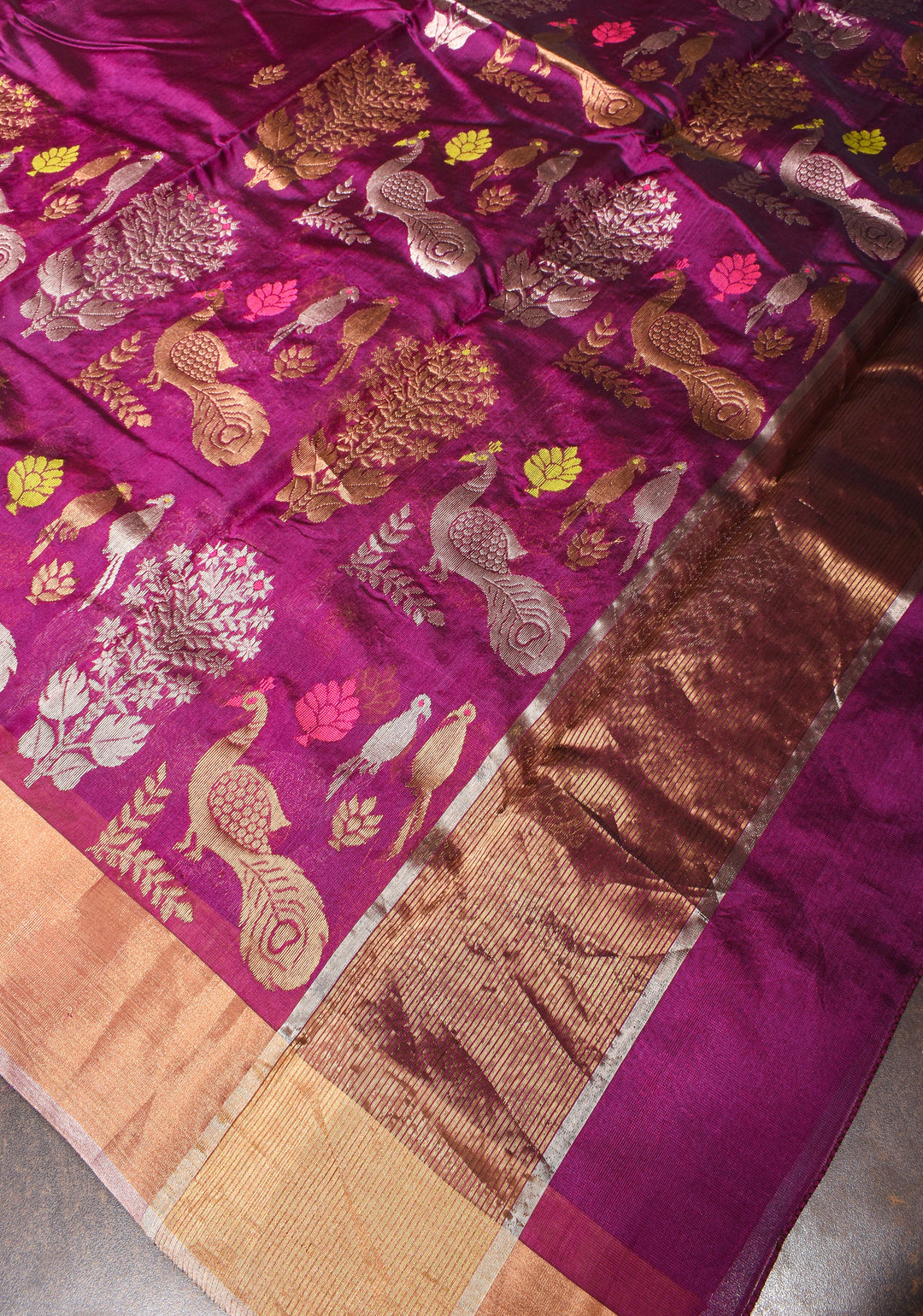 Plum Chanderi Silk Saree with Peacock and Floral Motifs Meenakari weave and Elegant Zari Border