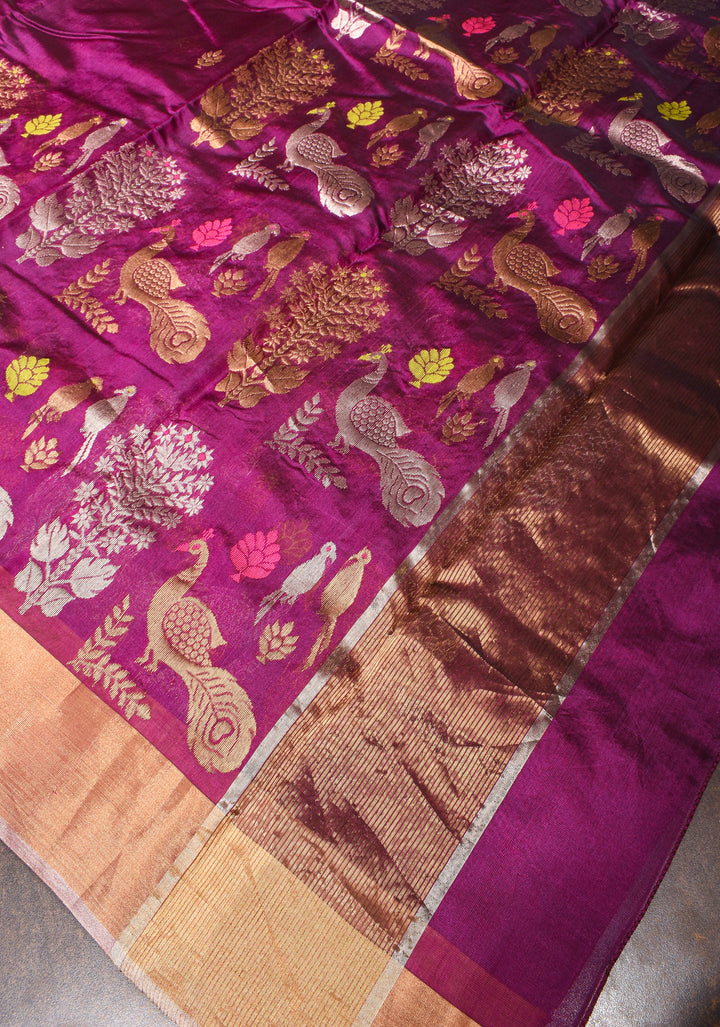 Plum Chanderi Silk Saree with Peacock and Floral Motifs Meenakari weave and Elegant Zari Border