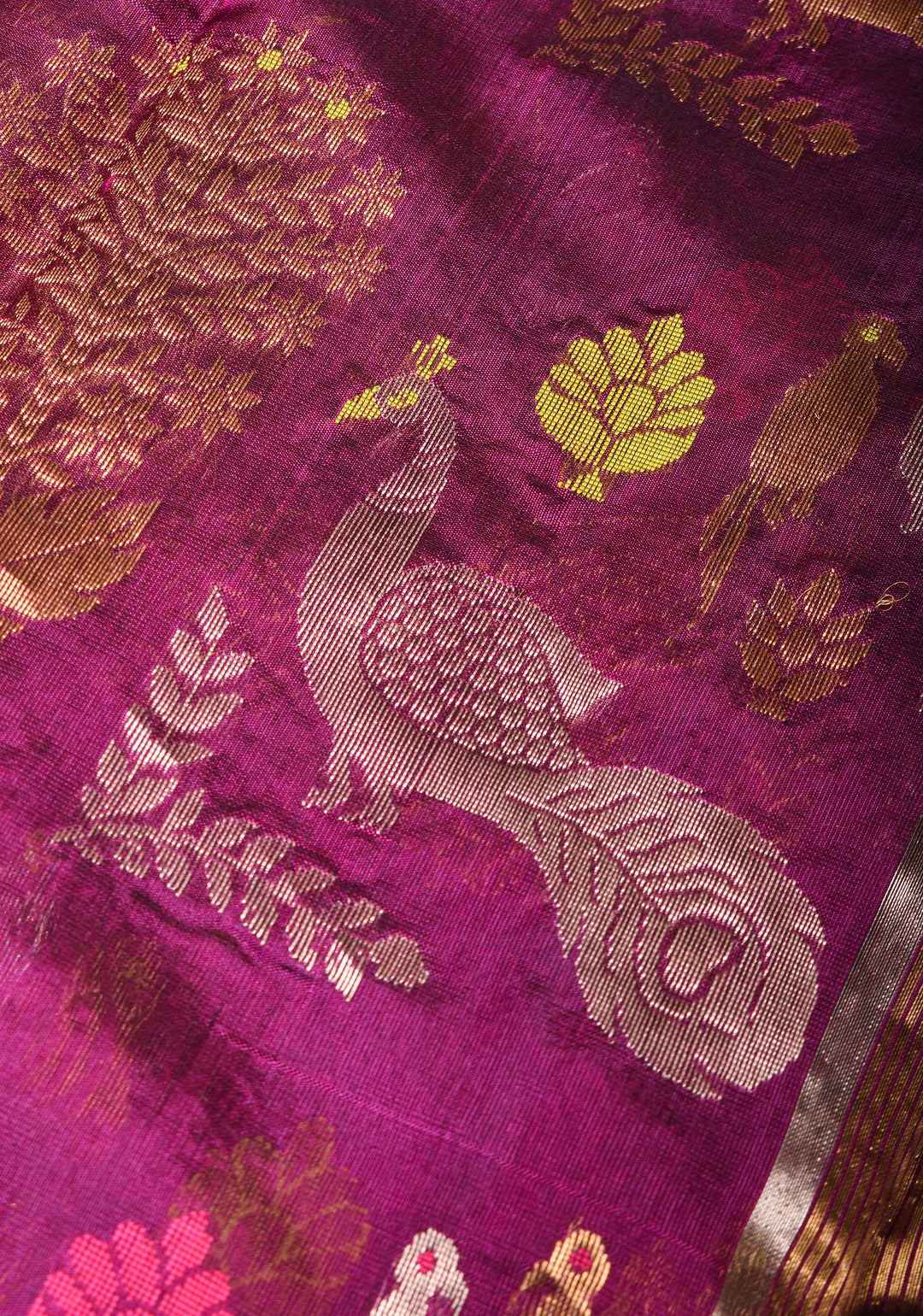 Plum Chanderi Silk Saree with Peacock and Floral Motifs Meenakari weave and Elegant Zari Border