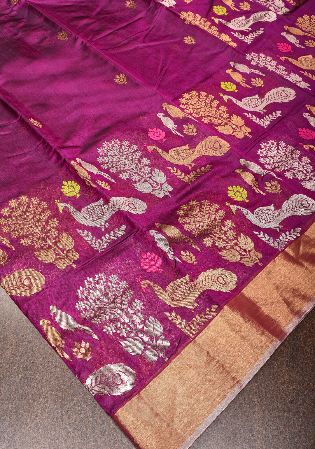 Plum Chanderi Silk Saree with Peacock and Floral Motifs Meenakari weave and Elegant Zari Border