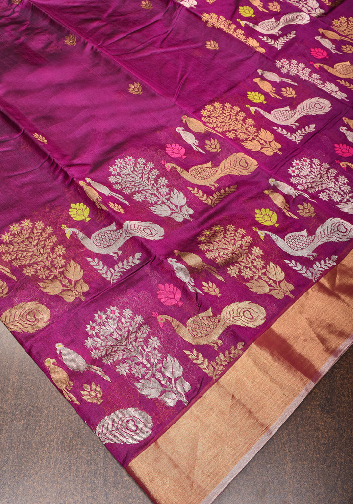 Plum Chanderi Silk Saree with Peacock and Floral Motifs Meenakari weave and Elegant Zari Border