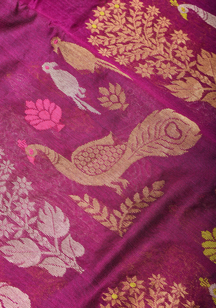 Plum Chanderi Silk Saree with Peacock and Floral Motifs Meenakari weave and Elegant Zari Border