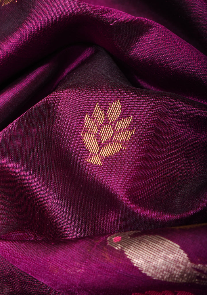 Plum Chanderi Silk Saree with Peacock and Floral Motifs Meenakari weave and Elegant Zari Border