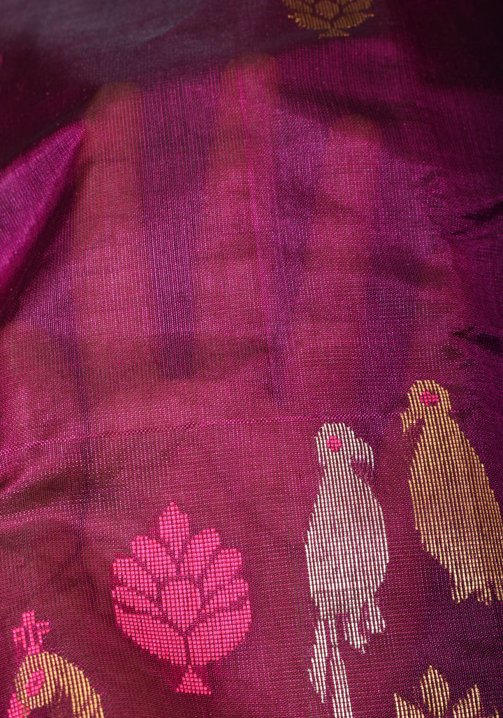 Plum Chanderi Silk Saree with Peacock and Floral Motifs Meenakari weave and Elegant Zari Border