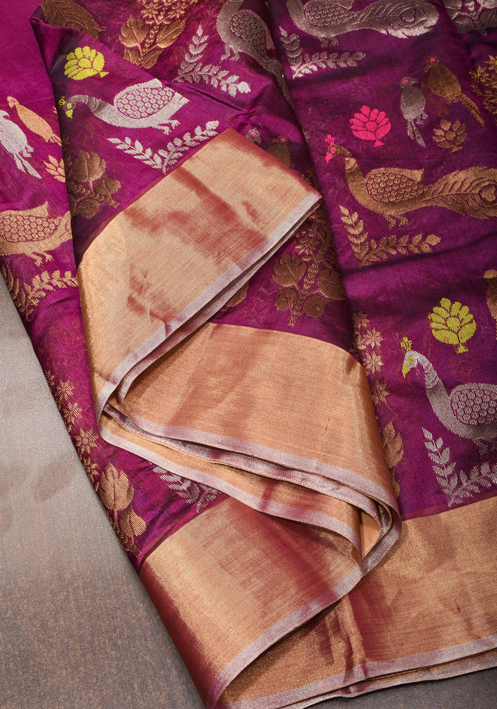 Plum Chanderi Silk Saree with Peacock and Floral Motifs Meenakari weave and Elegant Zari Border