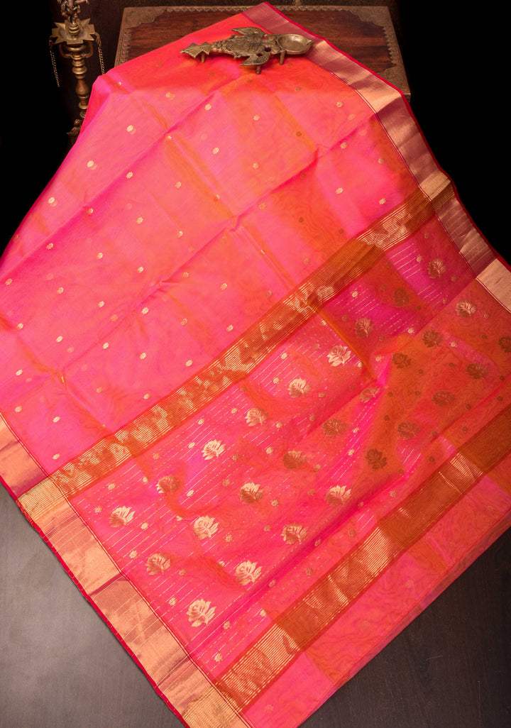 Pink Dual tone Chanderi Silk Saree with Chunri Buttas and Zari Borders