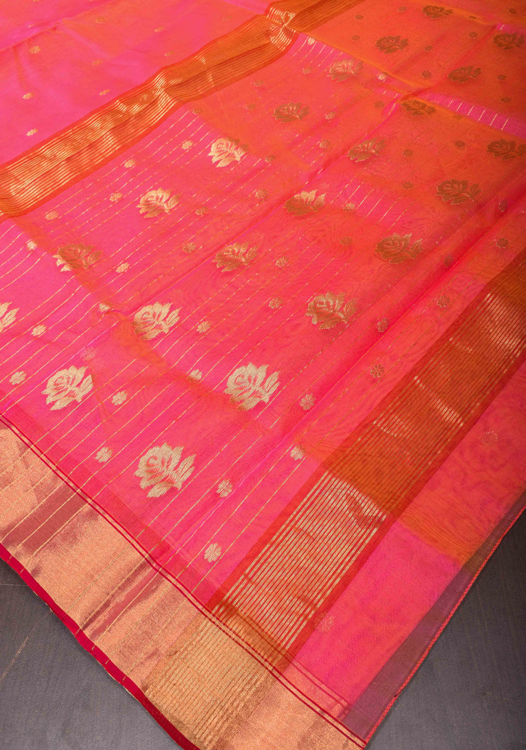 Pink Dual tone Chanderi Silk Saree with Chunri Buttas and Zari Borders