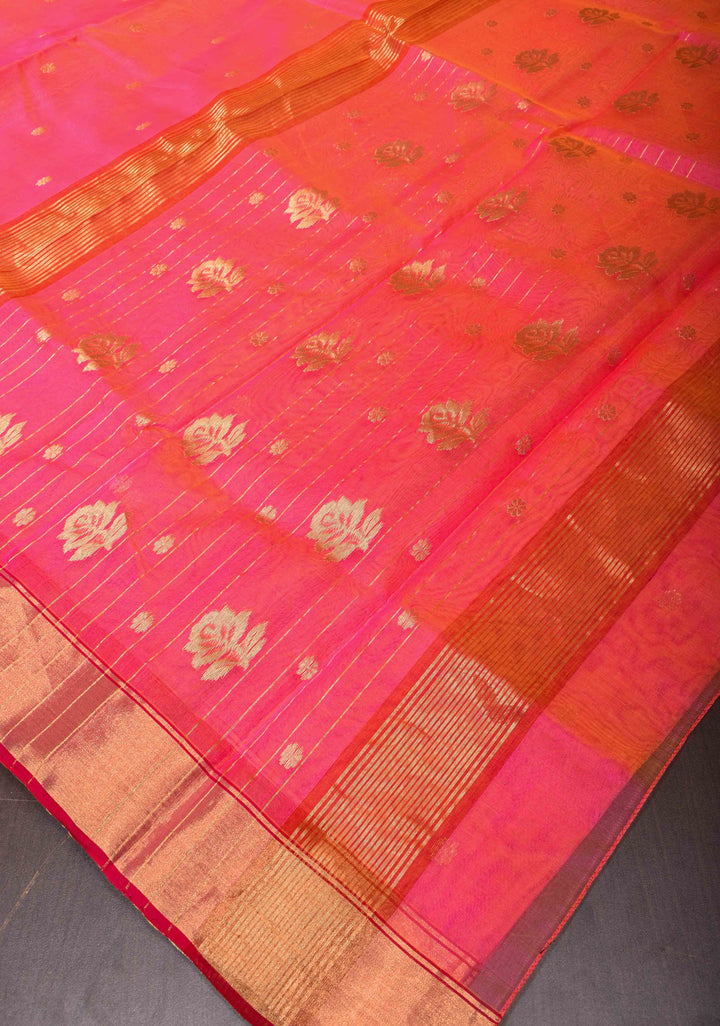 Pink Dual tone Chanderi Silk Saree with Chunri Buttas and Zari Borders