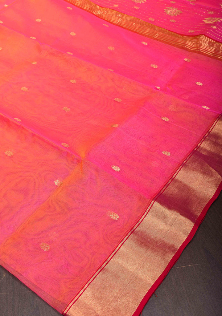 Pink Dual tone Chanderi Silk Saree with Chunri Buttas and Zari Borders