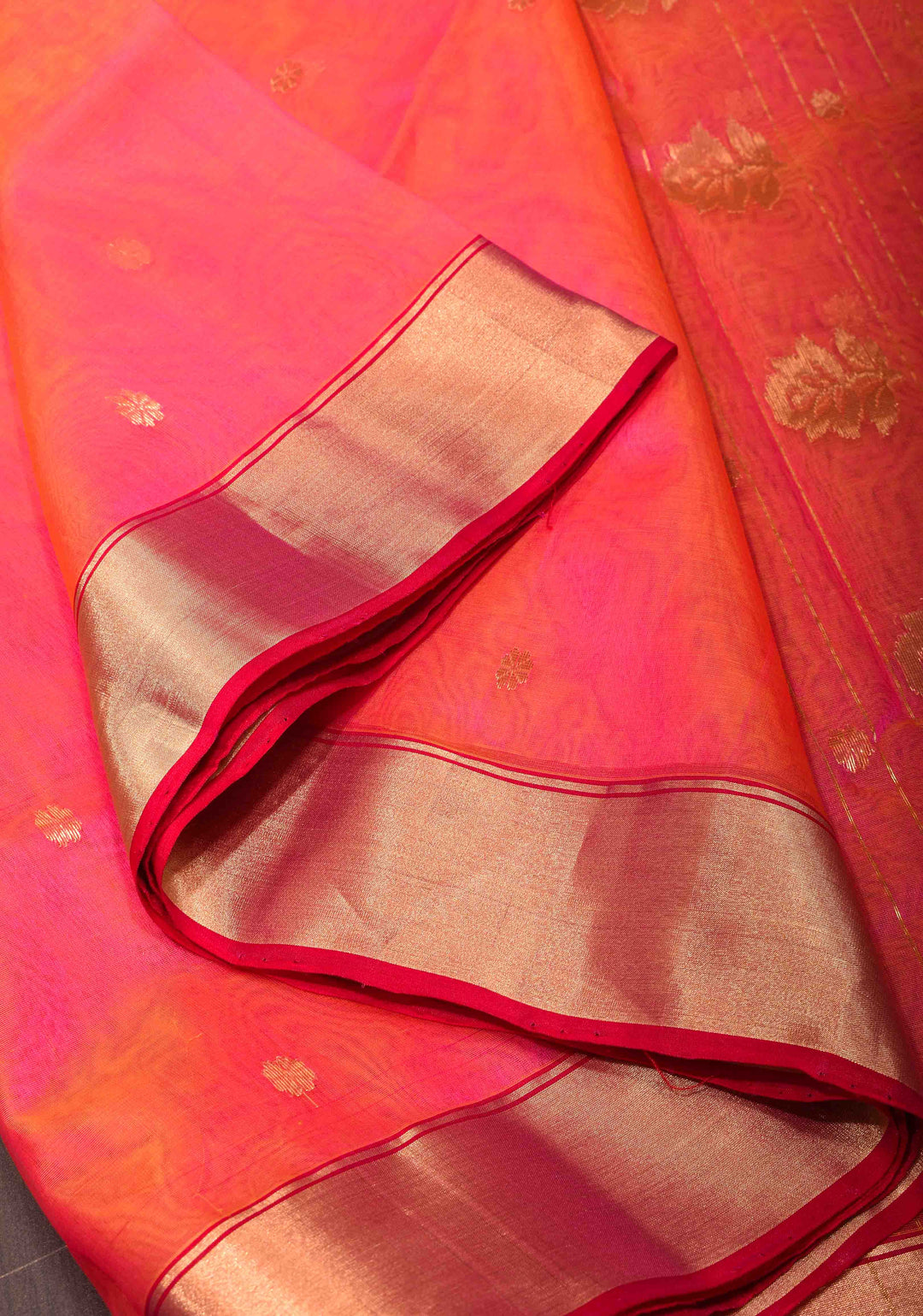 Pink Dual tone Chanderi Silk Saree with Chunri Buttas and Zari Borders