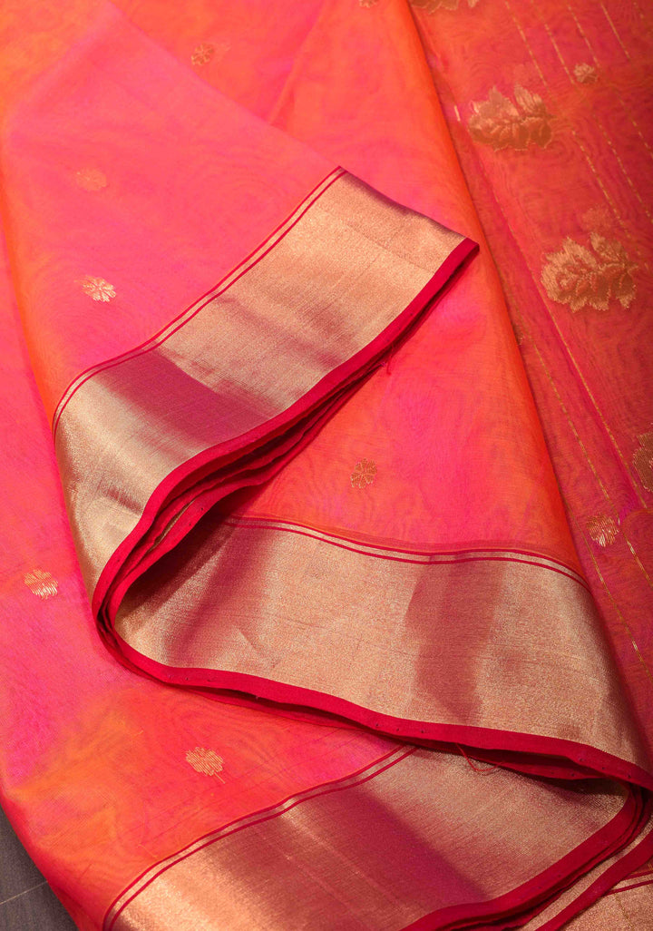Pink Dual tone Chanderi Silk Saree with Chunri Buttas and Zari Borders