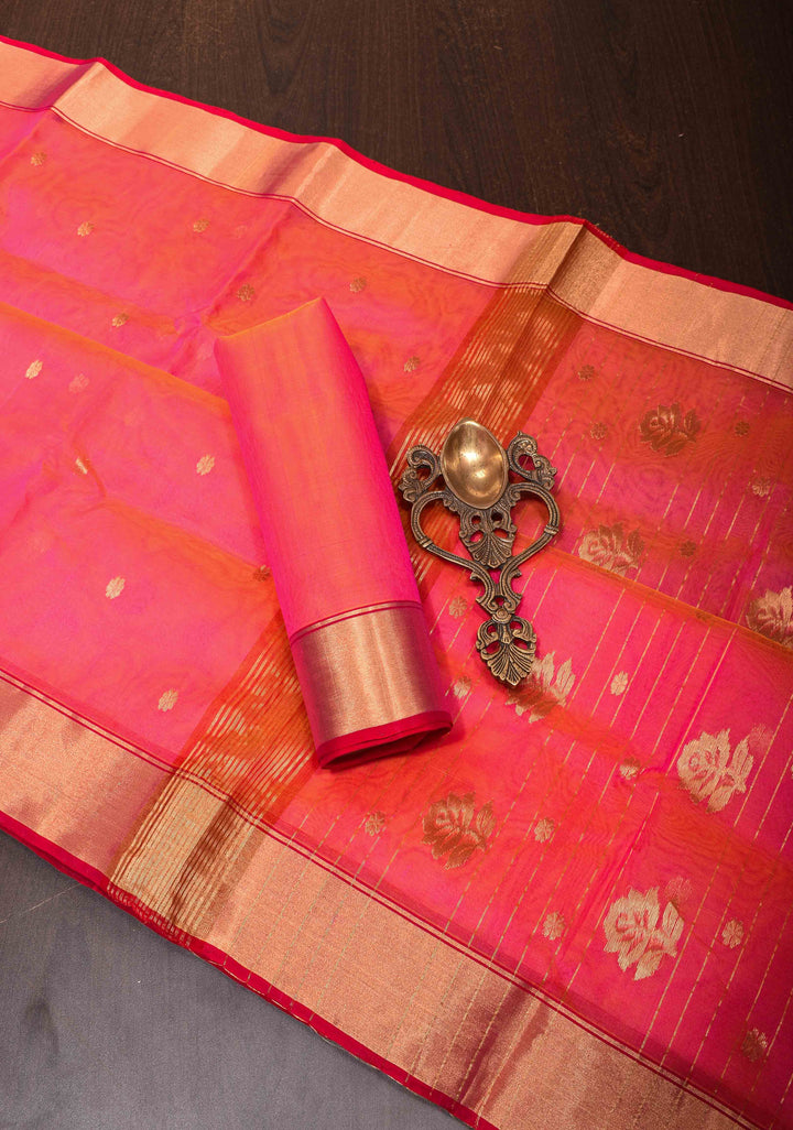 Pink Dual tone Chanderi Silk Saree with Chunri Buttas and Zari Borders